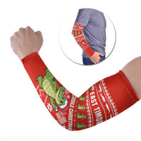 East Timor Christmas Arm Sleeves with Santa Crocodile Gingerbread Palm Trees and Red Holiday - Wonder Print Shop