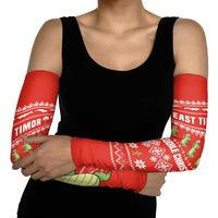 East Timor Christmas Arm Sleeves with Santa Crocodile Gingerbread Palm Trees and Red Holiday - Wonder Print Shop