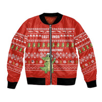 East Timor Christmas Bomber Jacket with Santa Crocodile Gingerbread Palm Trees and Red Holiday - Wonder Print Shop