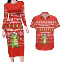 East Timor Christmas Couples Matching Long Sleeve Bodycon Dress and Hawaiian Shirt with Santa Crocodile Gingerbread Palm Trees and Red Holiday - Wonder Print Shop