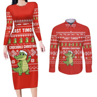 East Timor Christmas Couples Matching Long Sleeve Bodycon Dress and Long Sleeve Button Shirt with Santa Crocodile Gingerbread Palm Trees and Red Holiday - Wonder Print Shop