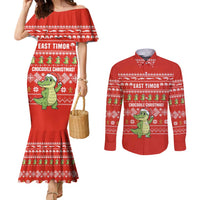 East Timor Christmas Couples Matching Mermaid Dress and Long Sleeve Button Shirt with Santa Crocodile Gingerbread Palm Trees and Red Holiday - Wonder Print Shop