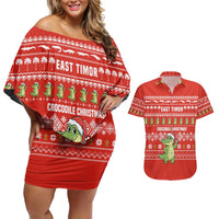 East Timor Christmas Couples Matching Off Shoulder Short Dress and Hawaiian Shirt with Santa Crocodile Gingerbread Palm Trees and Red Holiday - Wonder Print Shop