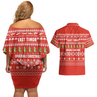 East Timor Christmas Couples Matching Off Shoulder Short Dress and Hawaiian Shirt with Santa Crocodile Gingerbread Palm Trees and Red Holiday - Wonder Print Shop