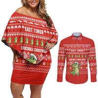East Timor Christmas Couples Matching Off Shoulder Short Dress and Long Sleeve Button Shirt with Santa Crocodile Gingerbread Palm Trees and Red Holiday - Wonder Print Shop