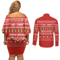 East Timor Christmas Couples Matching Off Shoulder Short Dress and Long Sleeve Button Shirt with Santa Crocodile Gingerbread Palm Trees and Red Holiday - Wonder Print Shop