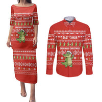 East Timor Christmas Couples Matching Puletasi and Long Sleeve Button Shirt with Santa Crocodile Gingerbread Palm Trees and Red Holiday - Wonder Print Shop