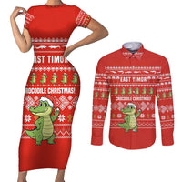 East Timor Christmas Couples Matching Short Sleeve Bodycon Dress and Long Sleeve Button Shirt with Santa Crocodile Gingerbread Palm Trees and Red Holiday - Wonder Print Shop