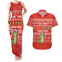 East Timor Christmas Couples Matching Tank Maxi Dress and Hawaiian Shirt with Santa Crocodile Gingerbread Palm Trees and Red Holiday - Wonder Print Shop