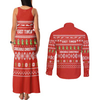 East Timor Christmas Couples Matching Tank Maxi Dress and Long Sleeve Button Shirt with Santa Crocodile Gingerbread Palm Trees and Red Holiday - Wonder Print Shop