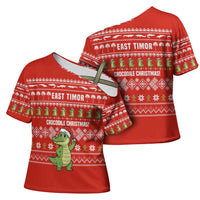 East Timor Christmas Cross Shoulder Shirt with Santa Crocodile Gingerbread Palm Trees and Red Holiday - Wonder Print Shop
