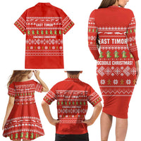 East Timor Christmas Family Matching Long Sleeve Bodycon Dress and Hawaiian Shirt with Santa Crocodile Gingerbread Palm Trees and Red Holiday - Wonder Print Shop