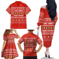 East Timor Christmas Family Matching Off The Shoulder Long Sleeve Dress and Hawaiian Shirt with Santa Crocodile Gingerbread Palm Trees and Red Holiday - Wonder Print Shop