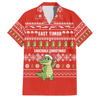 East Timor Christmas Family Matching Off The Shoulder Long Sleeve Dress and Hawaiian Shirt with Santa Crocodile Gingerbread Palm Trees and Red Holiday - Wonder Print Shop