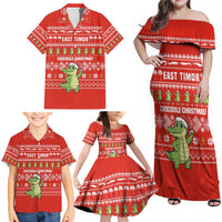 East Timor Christmas Family Matching Off Shoulder Maxi Dress and Hawaiian Shirt with Santa Crocodile Gingerbread Palm Trees and Red Holiday - Wonder Print Shop