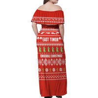 East Timor Christmas Family Matching Off Shoulder Maxi Dress and Hawaiian Shirt with Santa Crocodile Gingerbread Palm Trees and Red Holiday - Wonder Print Shop