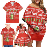 East Timor Christmas Family Matching Off Shoulder Short Dress and Hawaiian Shirt with Santa Crocodile Gingerbread Palm Trees and Red Holiday - Wonder Print Shop