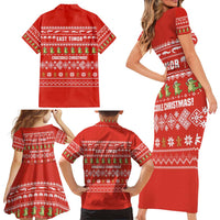 East Timor Christmas Family Matching Short Sleeve Bodycon Dress and Hawaiian Shirt with Santa Crocodile Gingerbread Palm Trees and Red Holiday - Wonder Print Shop