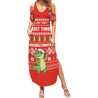 East Timor Christmas Family Matching Summer Maxi Dress and Hawaiian Shirt with Santa Crocodile Gingerbread Palm Trees and Red Holiday - Wonder Print Shop
