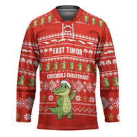 East Timor Christmas Hockey Jersey with Santa Crocodile Gingerbread Palm Trees and Red Holiday - Wonder Print Shop