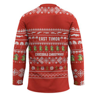East Timor Christmas Hockey Jersey with Santa Crocodile Gingerbread Palm Trees and Red Holiday - Wonder Print Shop