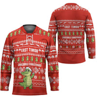 East Timor Christmas Hockey Jersey with Santa Crocodile Gingerbread Palm Trees and Red Holiday - Wonder Print Shop