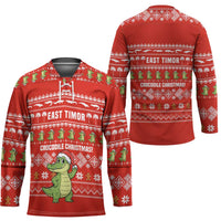 East Timor Christmas Hockey Jersey with Santa Crocodile Gingerbread Palm Trees and Red Holiday - Wonder Print Shop