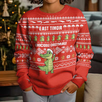 East Timor Christmas Kid Ugly Christmas Sweater with Santa Crocodile Gingerbread Palm Trees and Red Holiday - Wonder Print Shop