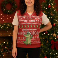 East Timor Christmas Knitted V-Neck Vest with Santa Crocodile Gingerbread Palm Trees and Red Holiday - Wonder Print Shop