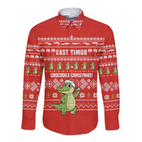 East Timor Christmas Long Sleeve Button Shirt with Santa Crocodile Gingerbread Palm Trees and Red Holiday - Wonder Print Shop