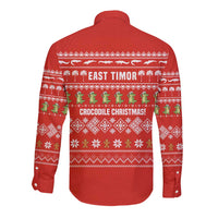 East Timor Christmas Long Sleeve Button Shirt with Santa Crocodile Gingerbread Palm Trees and Red Holiday - Wonder Print Shop