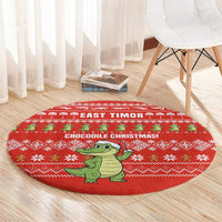 East Timor Christmas Round Carpet with Santa Crocodile Gingerbread Palm Trees and Red Holiday - Wonder Print Shop
