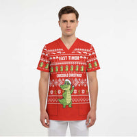East Timor Christmas Scrub Top with Santa Crocodile Gingerbread Palm Trees and Red Holiday - Wonder Print Shop