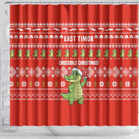 East Timor Christmas Shower Curtain with Santa Crocodile Gingerbread Palm Trees and Red Holiday - Wonder Print Shop