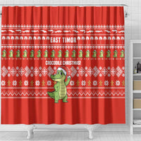East Timor Christmas Shower Curtain with Santa Crocodile Gingerbread Palm Trees and Red Holiday - Wonder Print Shop