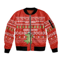 East Timor Christmas Sleeve Zip Bomber Jacket with Santa Crocodile Gingerbread Palm Trees and Red Holiday - Wonder Print Shop