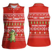 East Timor Christmas Women Sleeveless Polo Shirt with Santa Crocodile Gingerbread Palm Trees and Red Holiday - Wonder Print Shop