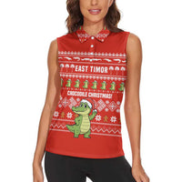 East Timor Christmas Women Sleeveless Polo Shirt with Santa Crocodile Gingerbread Palm Trees and Red Holiday - Wonder Print Shop