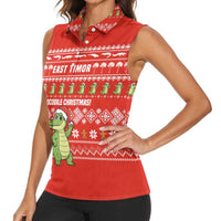 East Timor Christmas Women Sleeveless Polo Shirt with Santa Crocodile Gingerbread Palm Trees and Red Holiday - Wonder Print Shop