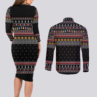 East Timor Christmas Couples Matching Long Sleeve Bodycon Dress and Long Sleeve Button Shirt with Santa in Traditional Robe Gift Basket Ho Ho Ho Text and Black Festive - Wonder Print Shop