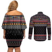 East Timor Christmas Couples Matching Off Shoulder Short Dress and Long Sleeve Button Shirt with Santa in Traditional Robe Gift Basket Ho Ho Ho Text and Black Festive - Wonder Print Shop