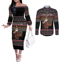 East Timor Christmas Couples Matching Off The Shoulder Long Sleeve Dress and Long Sleeve Button Shirt with Santa in Traditional Robe Gift Basket Ho Ho Ho Text and Black Festive - Wonder Print Shop