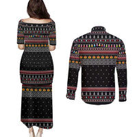 East Timor Christmas Couples Matching Puletasi and Long Sleeve Button Shirt with Santa in Traditional Robe Gift Basket Ho Ho Ho Text and Black Festive - Wonder Print Shop