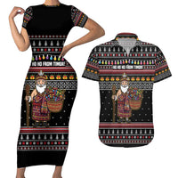 East Timor Christmas Couples Matching Short Sleeve Bodycon Dress and Hawaiian Shirt with Santa in Traditional Robe Gift Basket Ho Ho Ho Text and Black Festive - Wonder Print Shop
