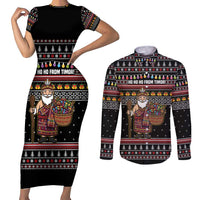 East Timor Christmas Couples Matching Short Sleeve Bodycon Dress and Long Sleeve Button Shirt with Santa in Traditional Robe Gift Basket Ho Ho Ho Text and Black Festive - Wonder Print Shop