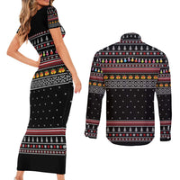 East Timor Christmas Couples Matching Short Sleeve Bodycon Dress and Long Sleeve Button Shirt with Santa in Traditional Robe Gift Basket Ho Ho Ho Text and Black Festive - Wonder Print Shop