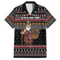 East Timor Christmas Family Matching Off The Shoulder Long Sleeve Dress and Hawaiian Shirt with Santa in Traditional Robe Gift Basket Ho Ho Ho Text and Black Festive - Wonder Print Shop