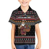 East Timor Christmas Family Matching Off The Shoulder Long Sleeve Dress and Hawaiian Shirt with Santa in Traditional Robe Gift Basket Ho Ho Ho Text and Black Festive - Wonder Print Shop