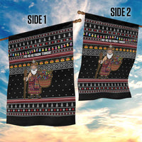 East Timor Christmas Garden Flag with Santa in Traditional Robe Gift Basket Ho Ho Ho Text and Black Festive - Wonder Print Shop