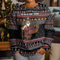 East Timor Christmas Kid Ugly Christmas Sweater with Santa in Traditional Robe Gift Basket Ho Ho Ho Text and Black Festive - Wonder Print Shop
